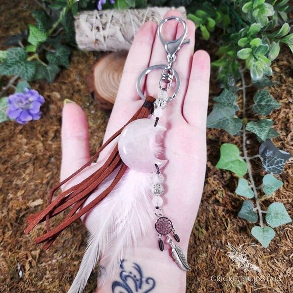 Handmade Rose Quartz Moon Keychain #11 - Picture 1 of 2